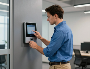 Tecnico che configura un terminale di controllo accessi