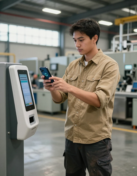 Persona che usa lo smartphone per timbrare la presenza