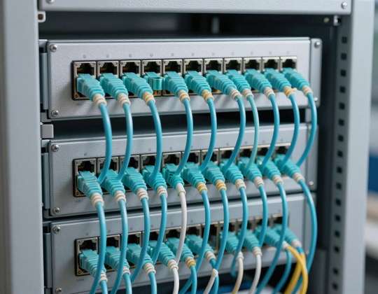 Armadio rack con pannelli di permutazione e cablaggio in fibra ottica