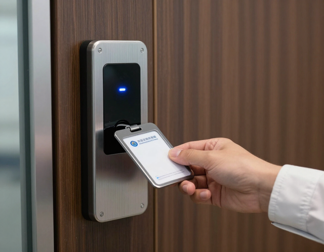 Lettore di controllo accessi con badge in fase di lettura