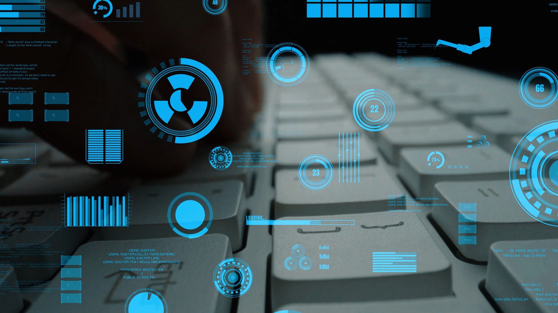 Mani che collaborano attorno a un laptop con icone tecnologiche blu fluttuanti in un moderno ambiente d'ufficio.