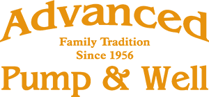 Logo for Advanced Pump & Well in orange text on a white background, featuring the tagline 