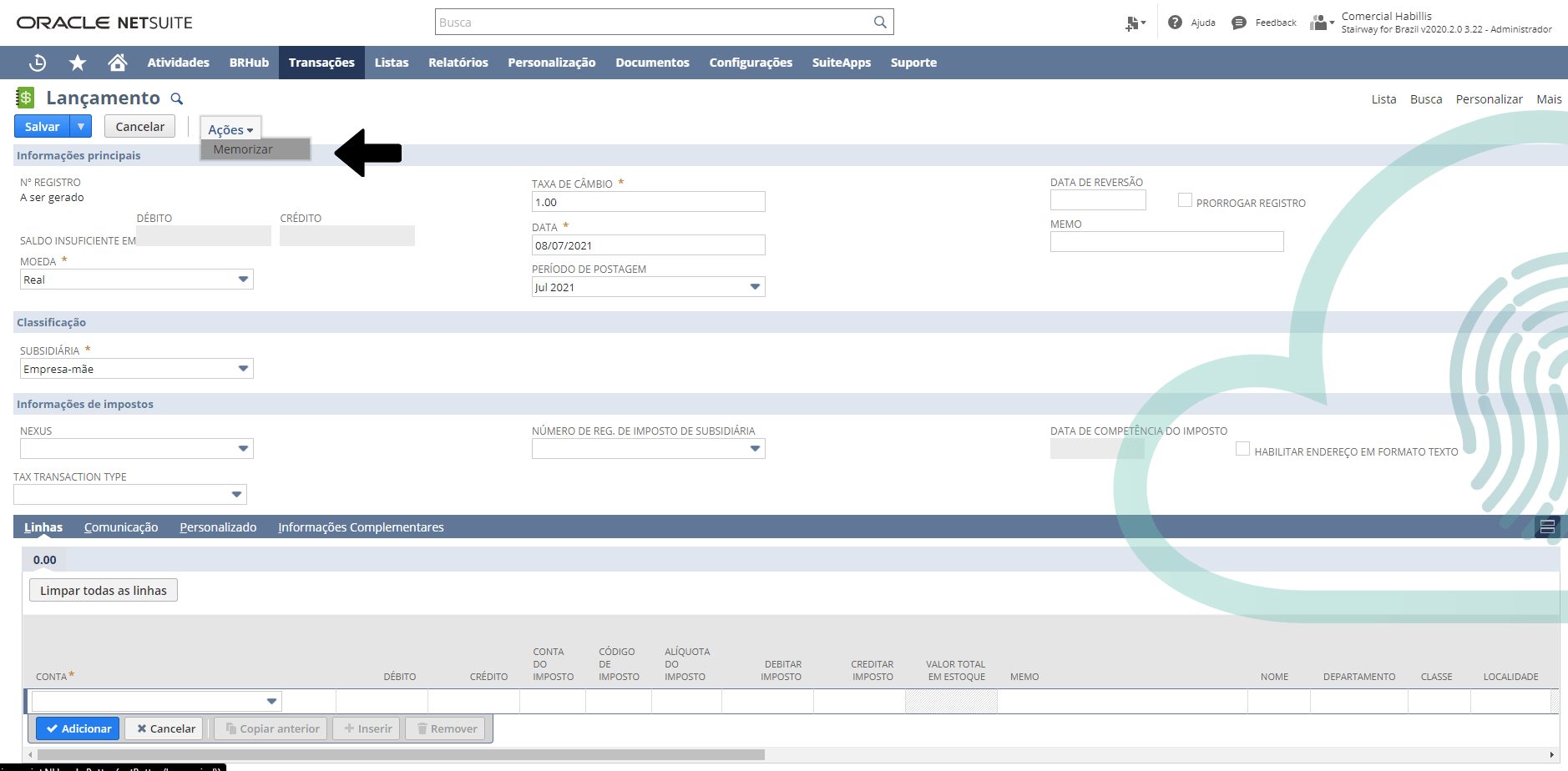 Transações memorizadas NetSuite_Mundo NetSuite_Habillis