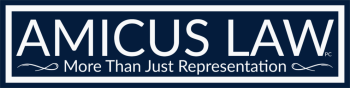Amicus Law logo in white on a dark blue background with the tagline &ldquo;A More Just Tomorrow.&rdquo;