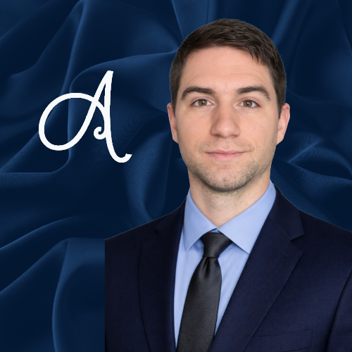 Studio headshot of a man in a navy suit with a blue tie on a blue abstract background, beside a white script logo