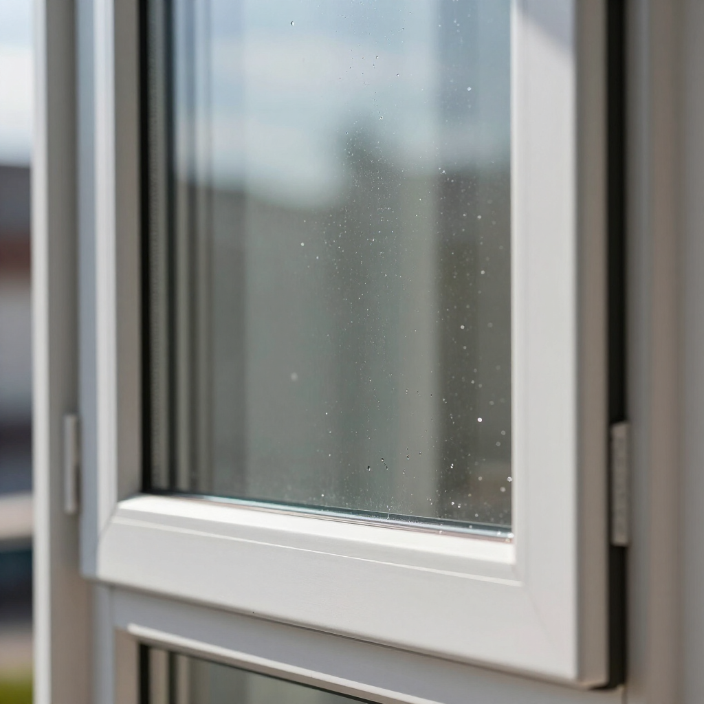Close-up of a white-framed window with rain droplets on the glass