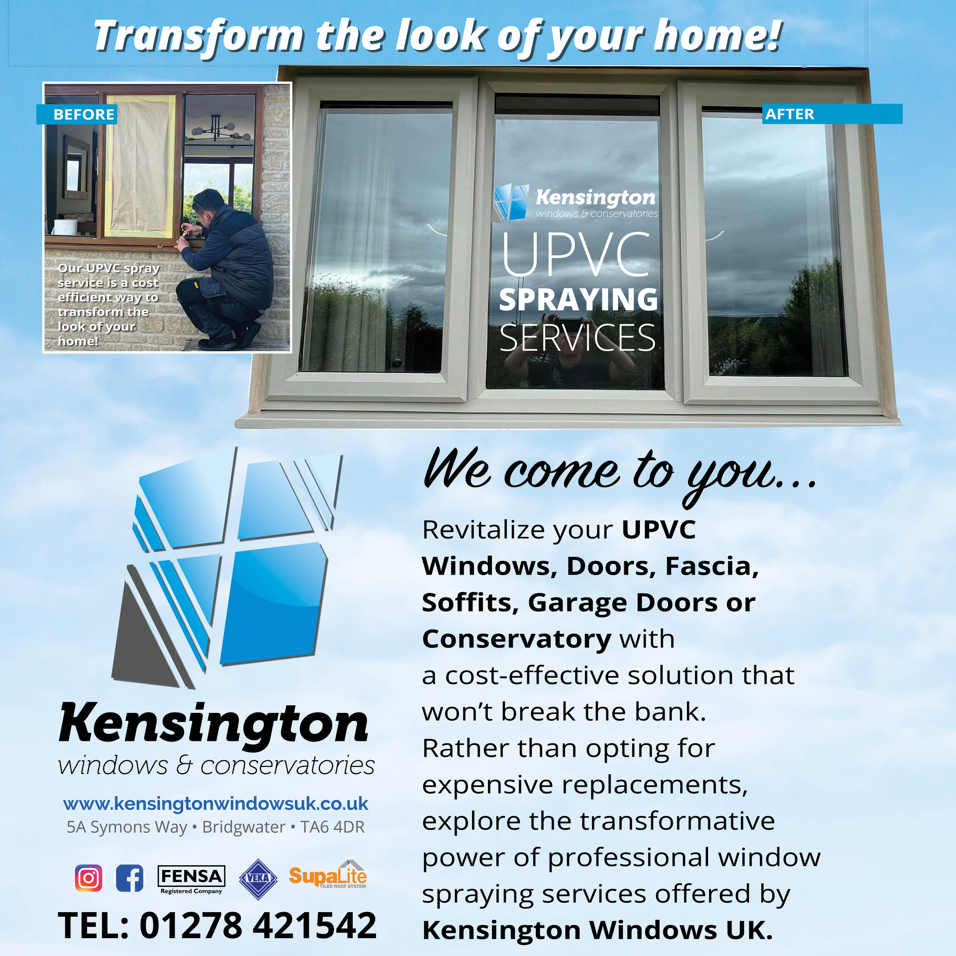 An advertisement for kensington upvc spraying services