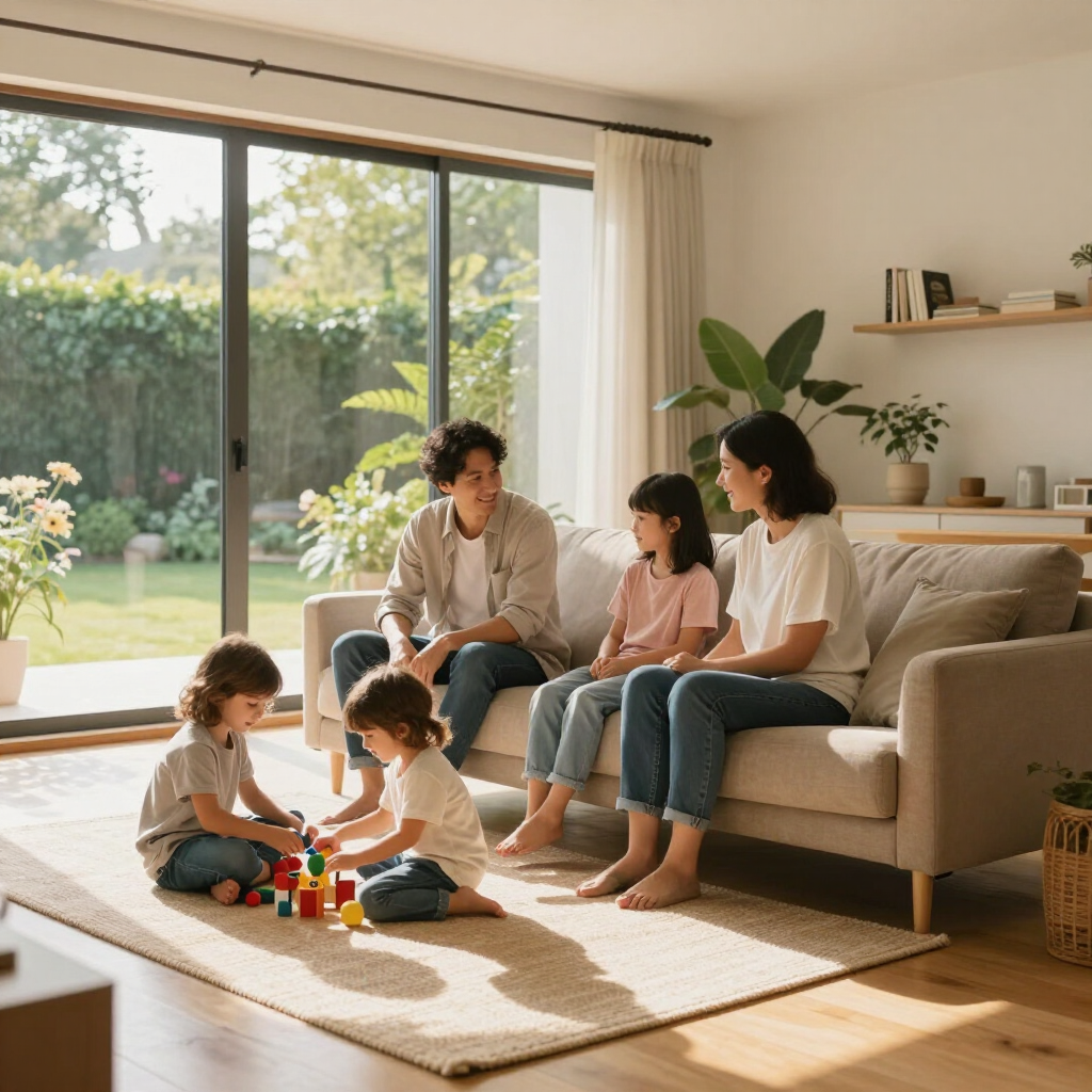 Family sitting in a sunlit living room while children play on the floor with blocks.