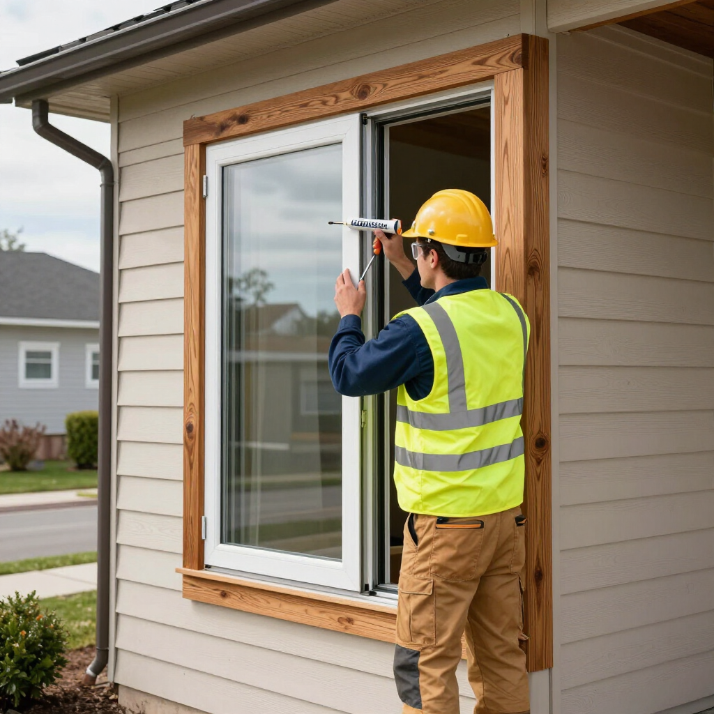 Worker in a yellow vest installing a window on a house exterior