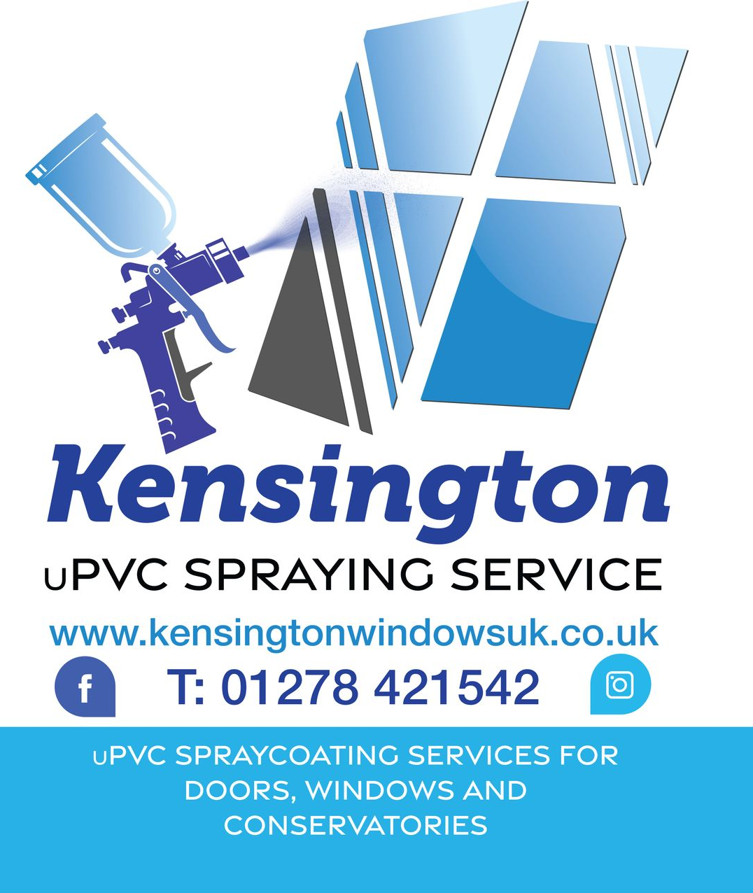 Kensington uPVC spraying service logo with spray gun, blue window panels, website, phone number and social icons
