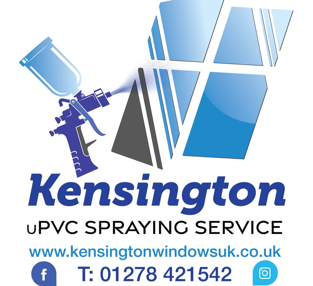 Kensington uPVC spraying service logo with blue spray gun and window graphic, website and phone number.