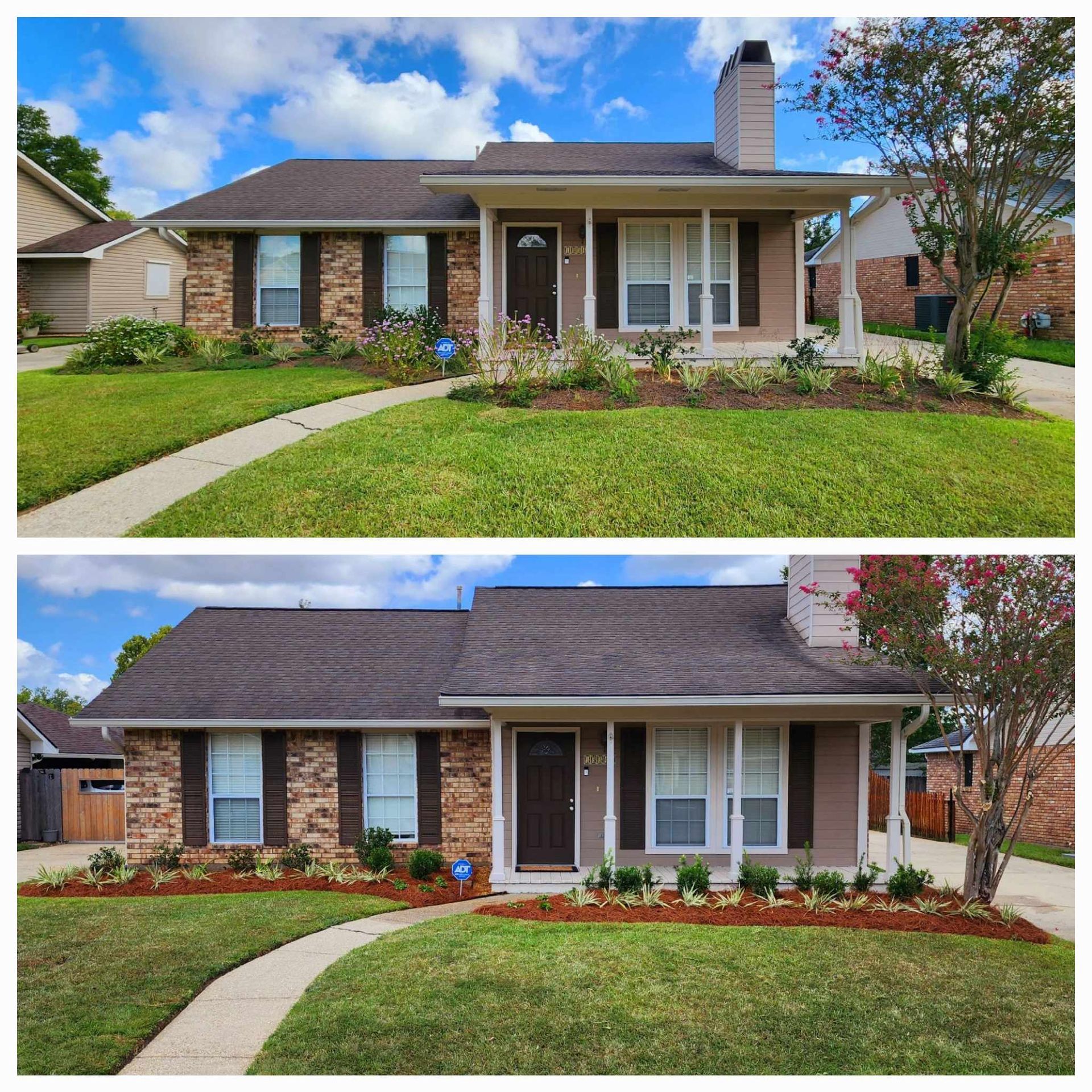 A before and after picture of a house with a roof.