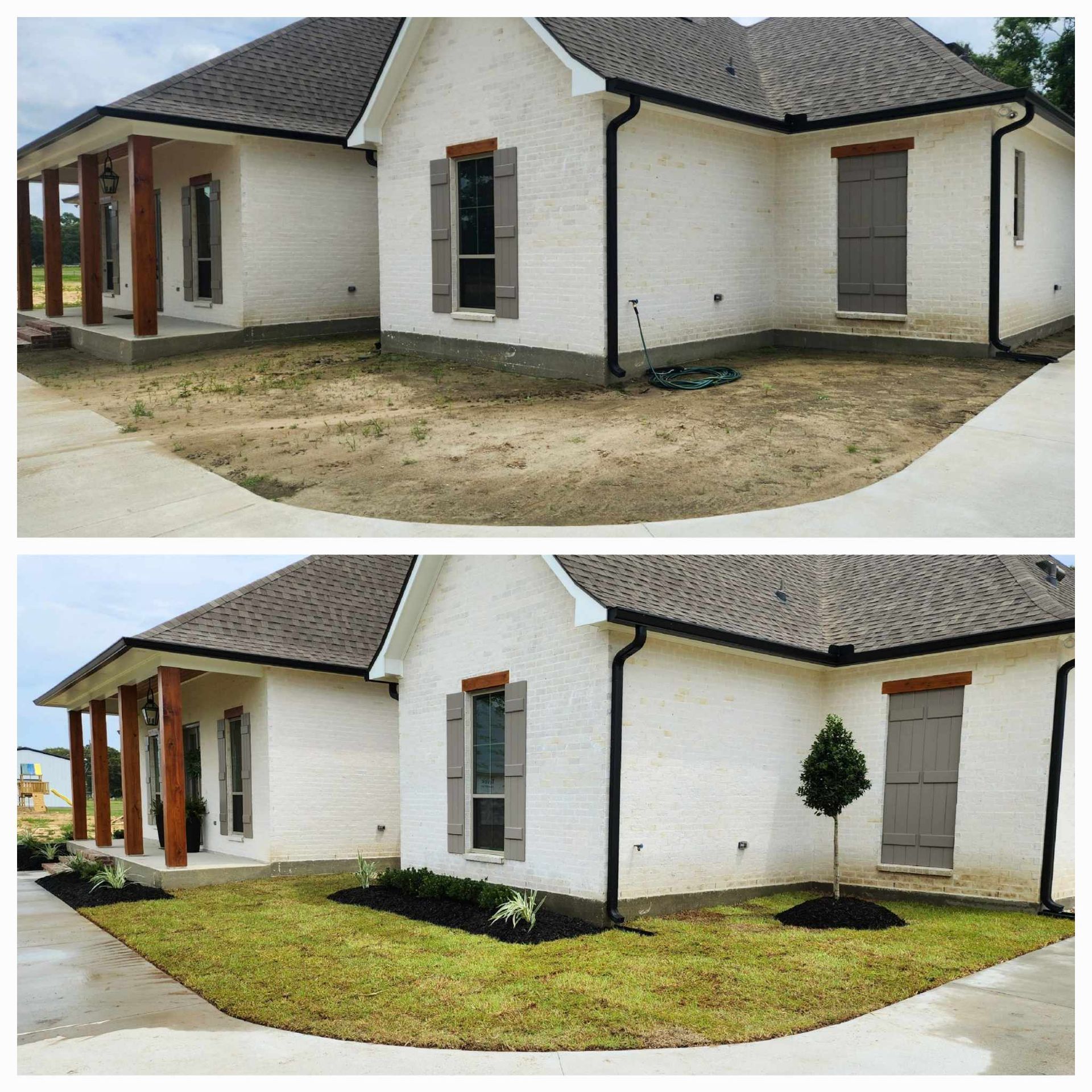 A before and after picture of a house with a lush green lawn