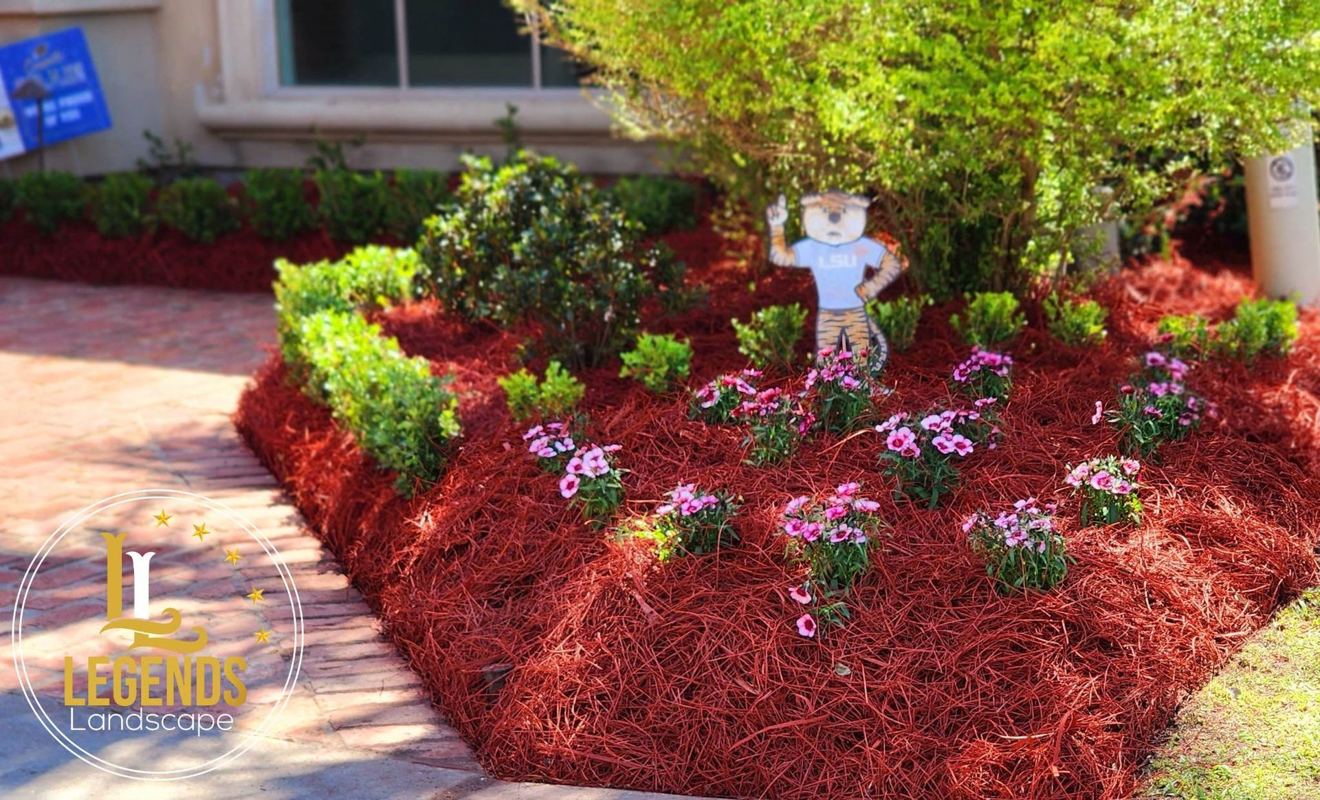 A garden with flowers and red mulch in front of a house.