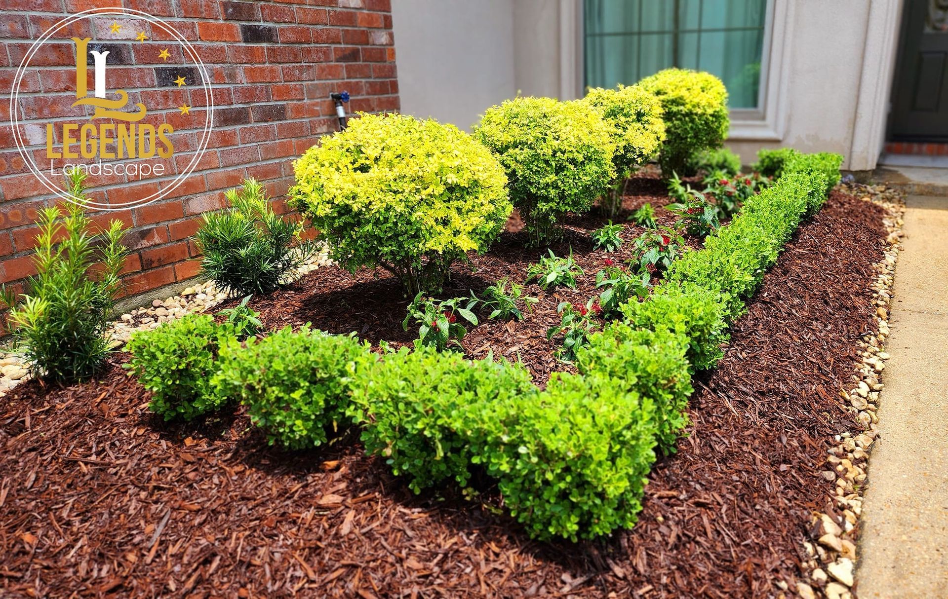 A garden with lots of plants and mulch in front of a brick building.