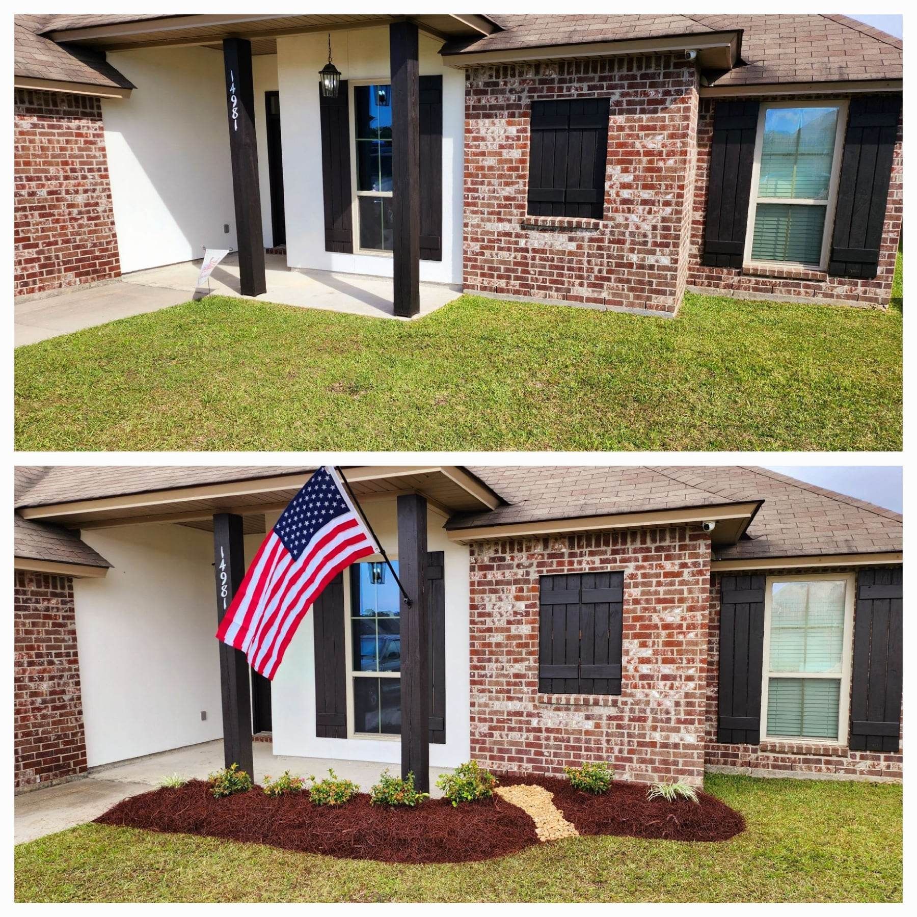 A before and after picture of a house with a flag in front of it