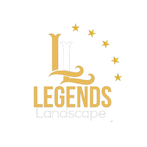 A logo for legends landscape with a l and stars on a white background.
