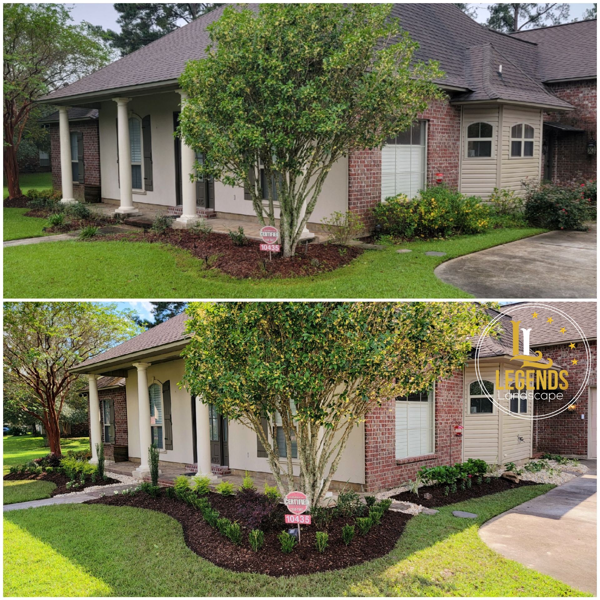 A before and after picture of a house with a lush green lawn.