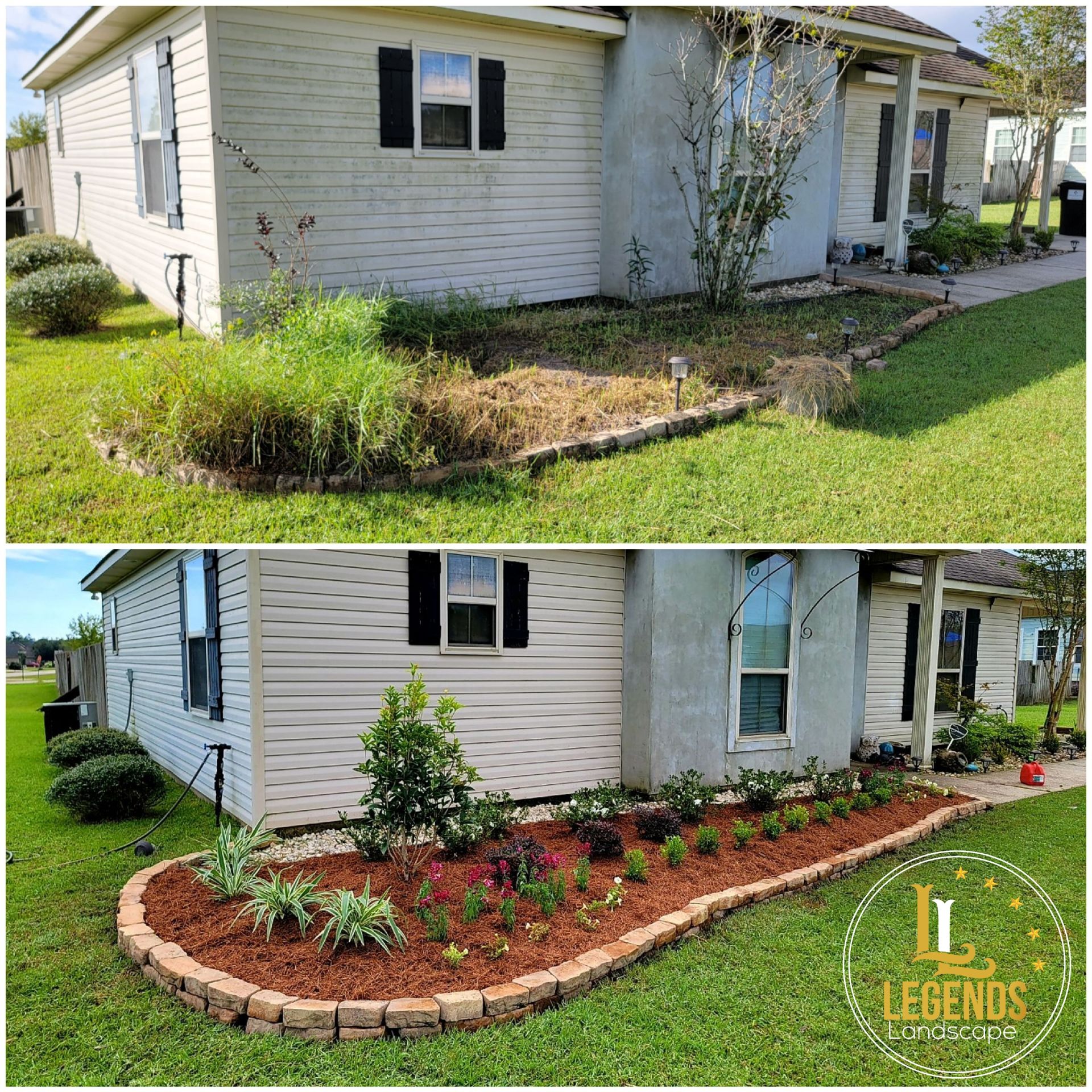 A before and after picture of a house with a garden in front of it.