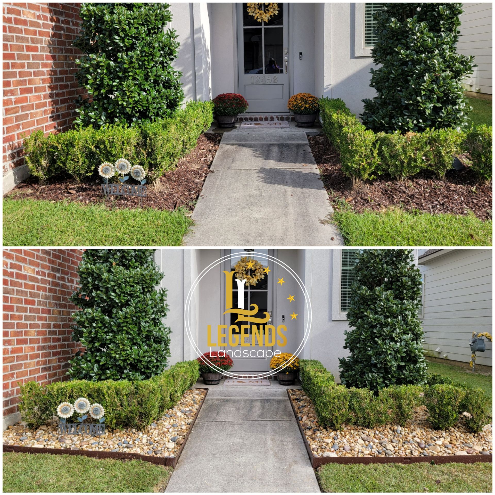 A before and after photo of a front yard with a sign that says legends