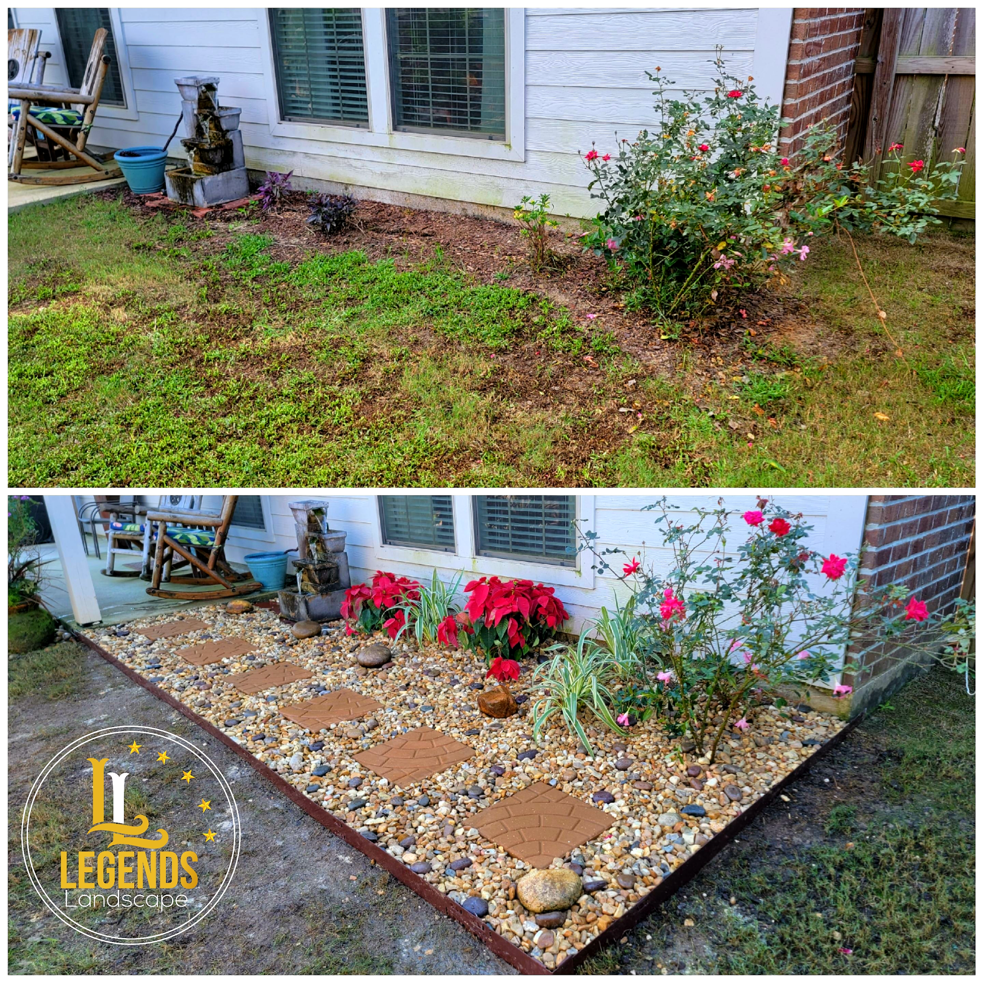 A before and after picture of a garden in front of a house.