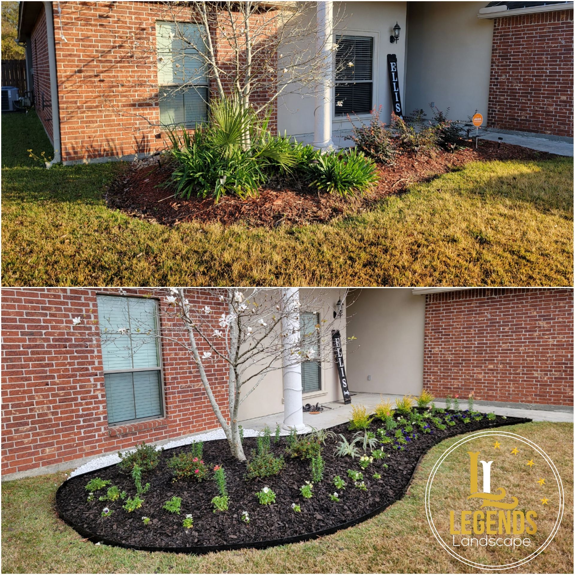 A before and after picture of a garden in front of a brick house.