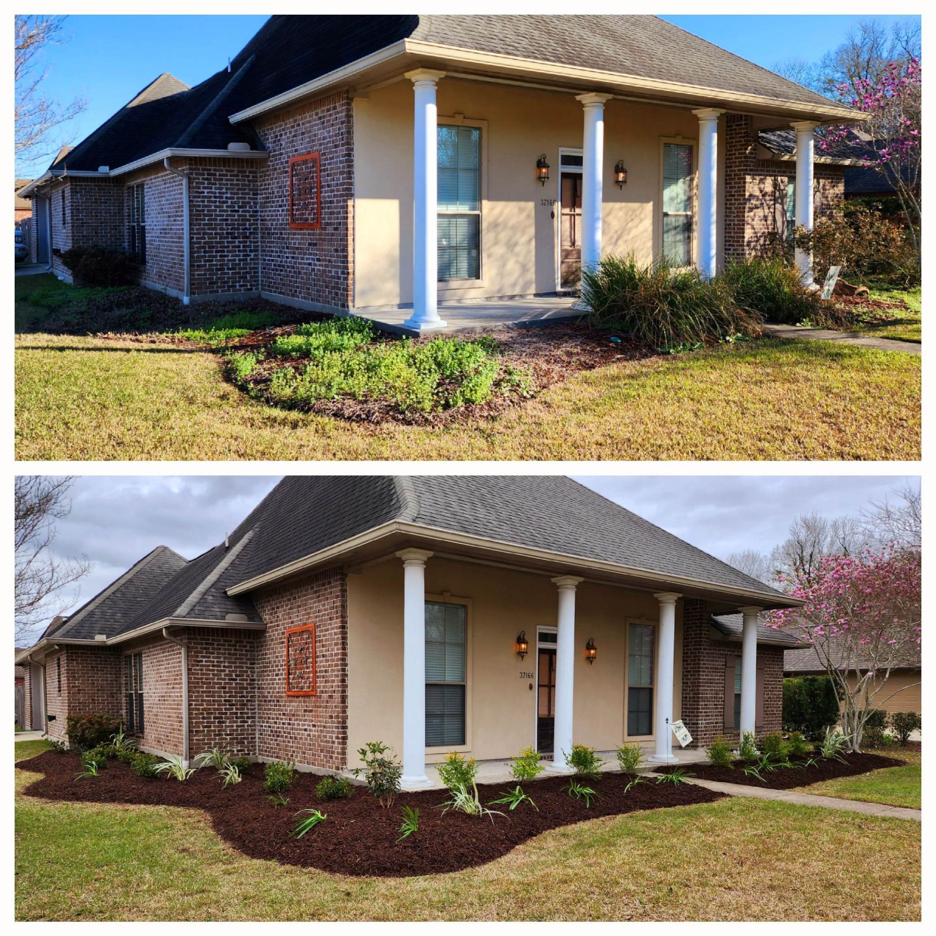 A before and after picture of a house with a porch