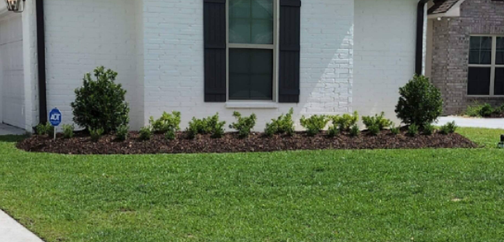 A white house with black shutters and a lush green lawn in front of it.