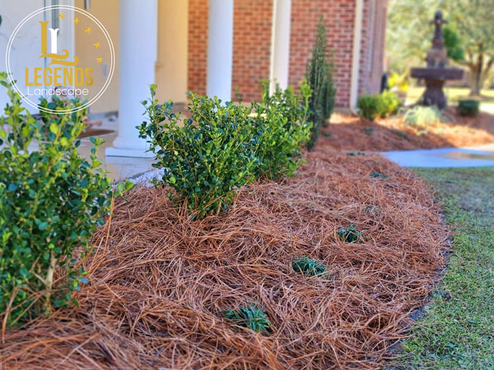 A pile of pine needles is sitting in front of a brick house.