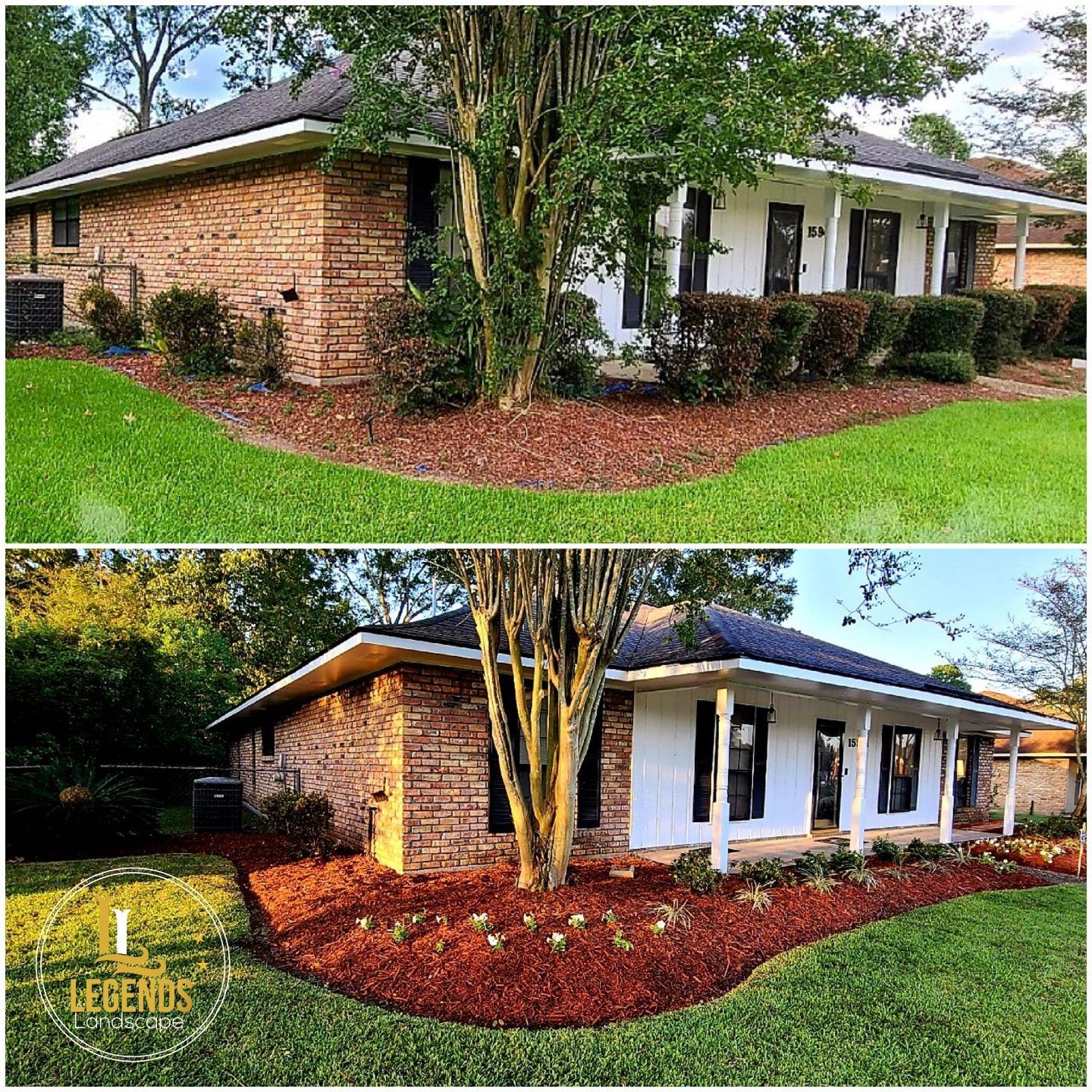 A before and after picture of a brick house with mulch in front of it.