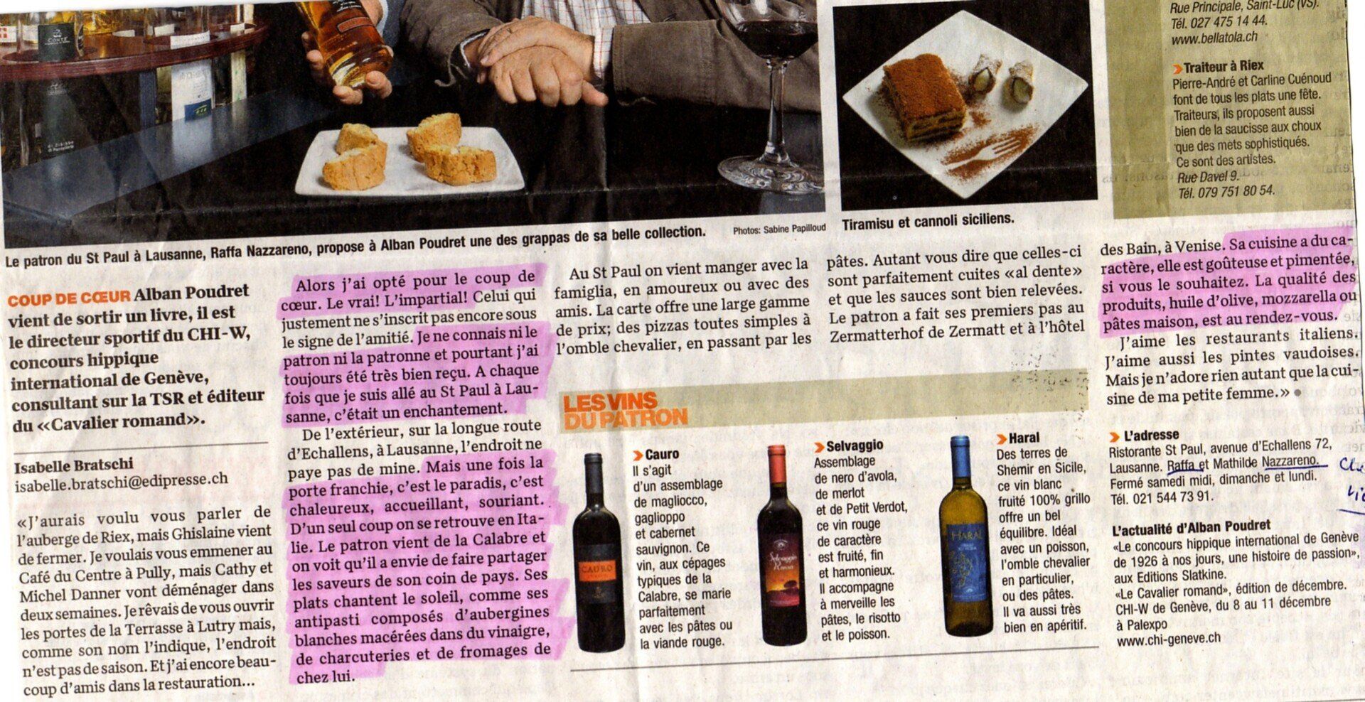 Article de journal présentant de la nourriture, des bouteilles de vin et les mains d'une personne.