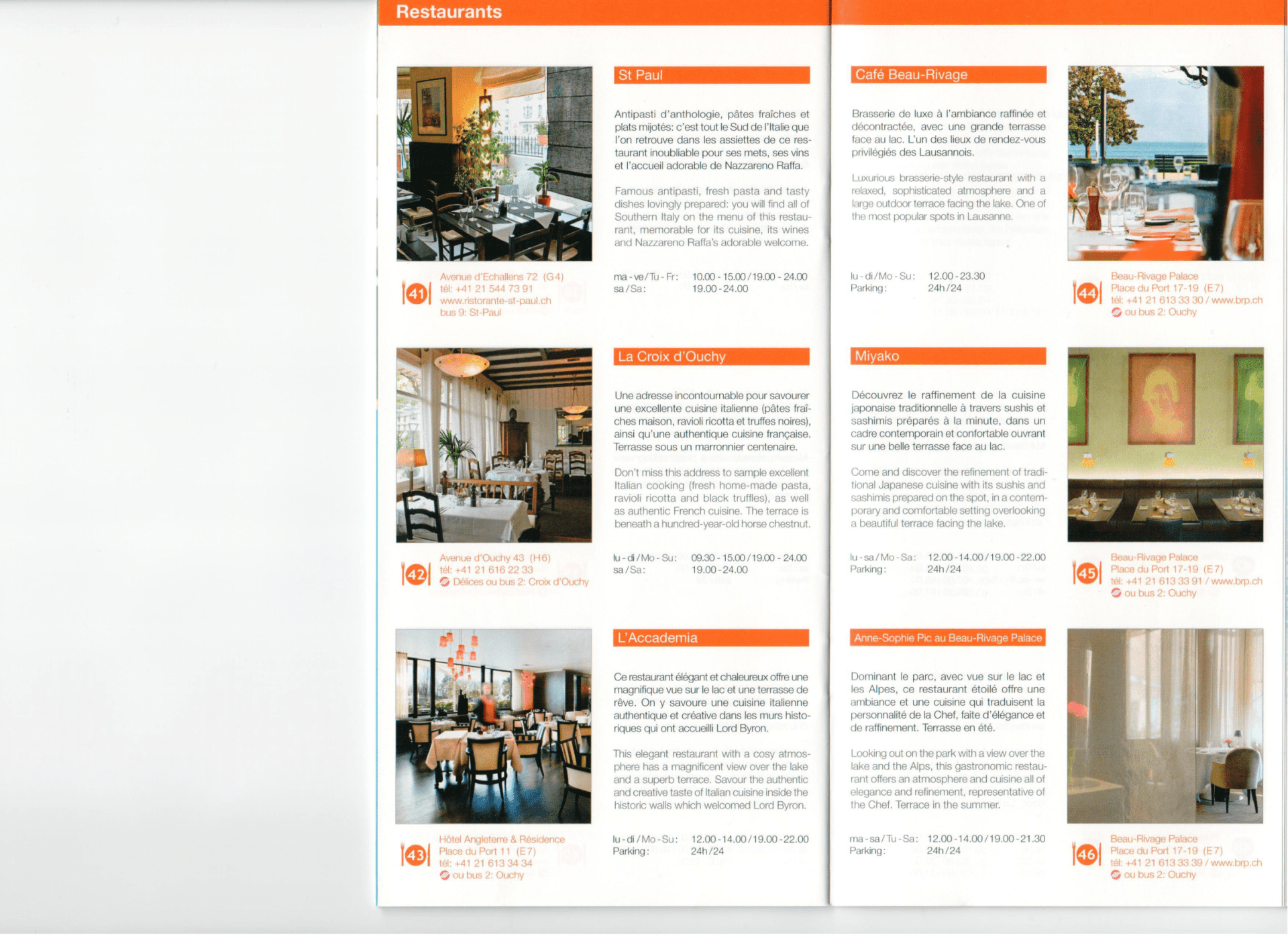 Pages de brochure présentant l'intérieur et l'extérieur du restaurant avec des descriptions textuelles.