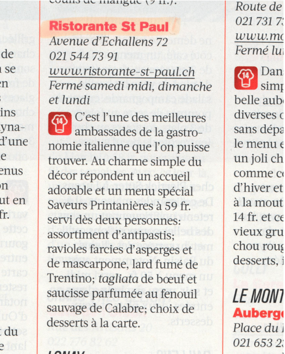 Publicité pour un restaurant avec adresse, numéro de téléphone, site web et menu.