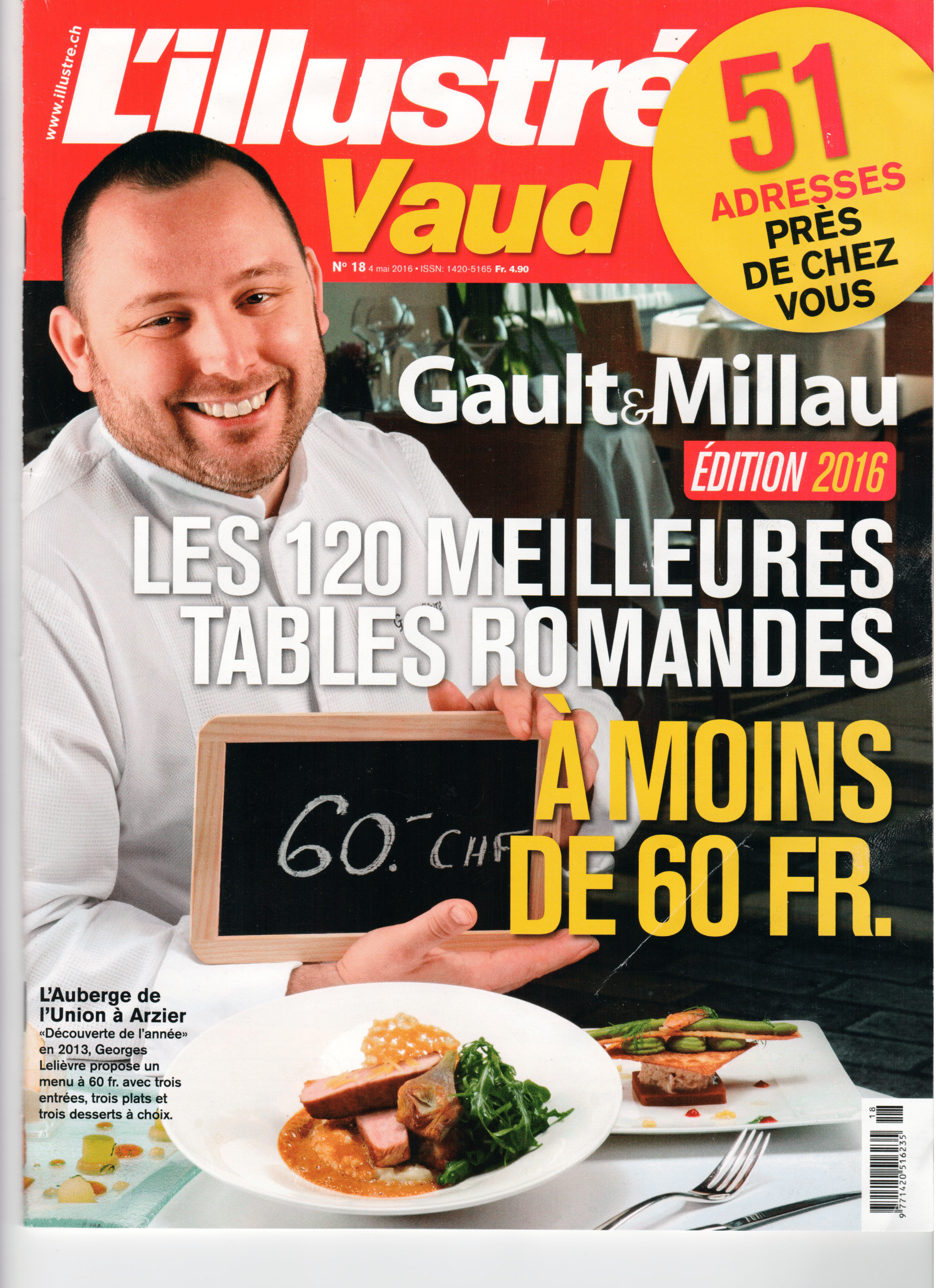 Couverture du magazine : Un chef tient un tableau noir où l’on peut lire « 60 fr. ». Le titre du magazine est « L’Illustré Vaud ».