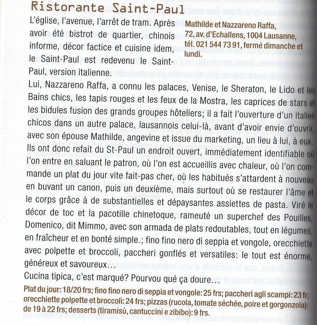 Menu imprimé du « Ristorante Saint-Paul », répertoriant les plats, l'adresse et les coordonnées.
