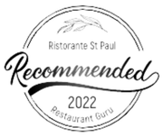 Logo « Recommandé » du Ristorante St. Paul, tiré de Restaurant Guru, 2022. Il présente un texte dans un cadre circulaire orné de branches d'olivier.