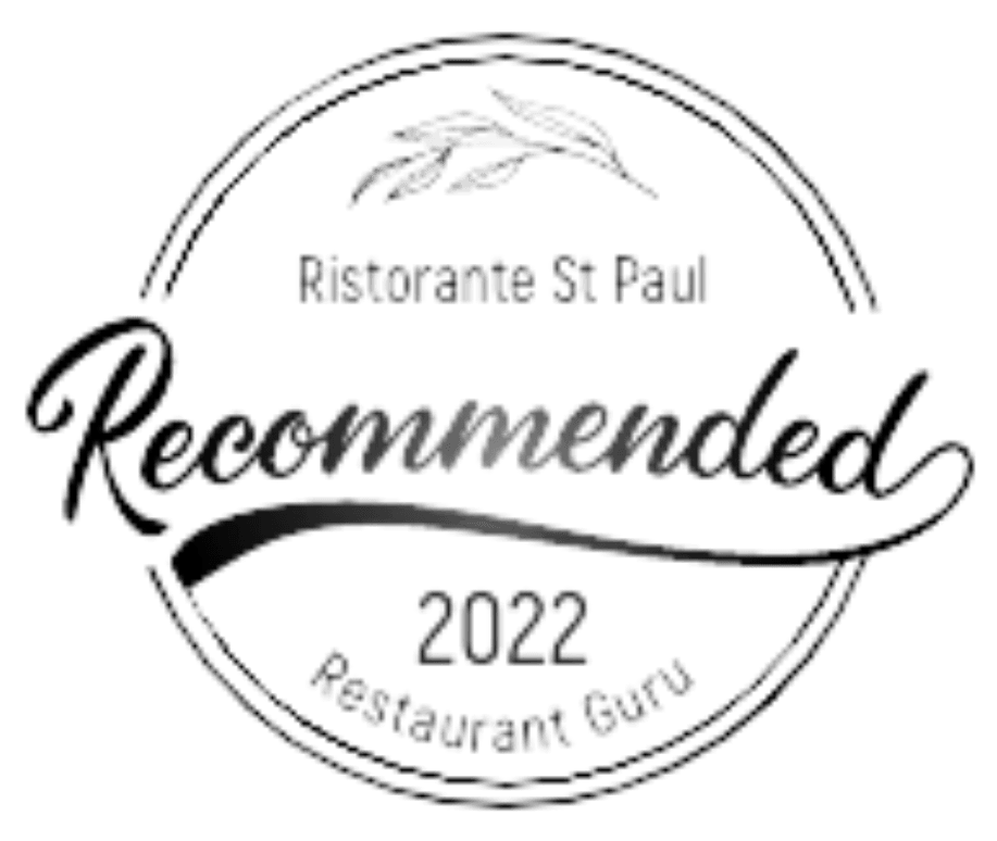 Le restaurant St Paul arbore le sceau « Recommandé » 2022 de Restaurant Guru, orné de feuilles.