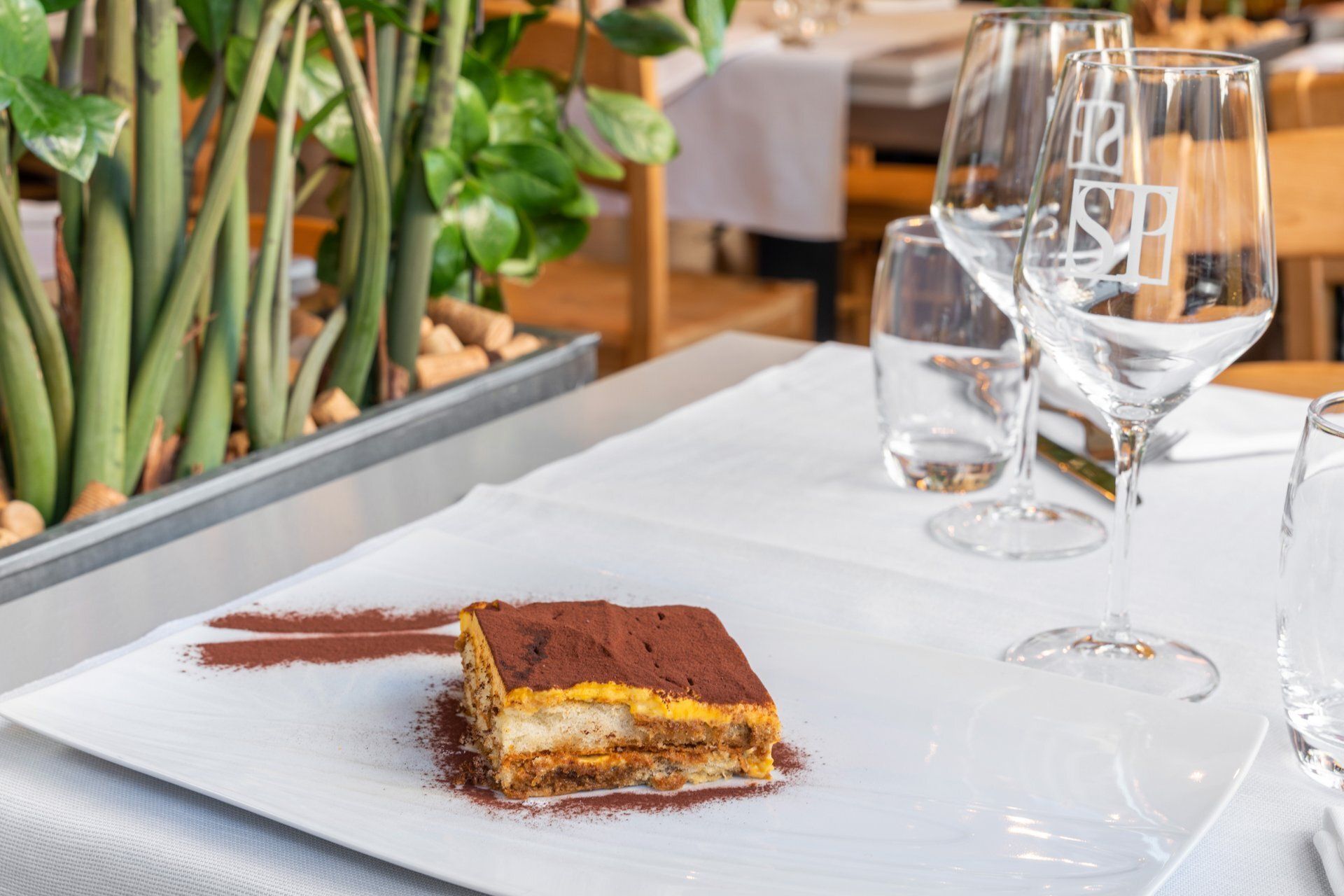 Tiramisu servi sur une assiette blanche, accompagné de verres à vin et de plantes vertes, dans un cadre de restaurant.