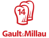 Logo de Gault&Millau avec des toques de chef rouges et le chiffre 14.
