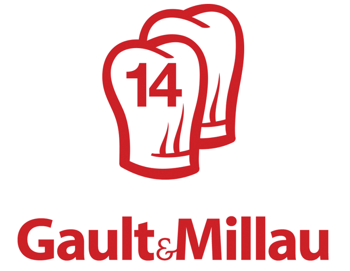 Logo rouge Gault&Millau avec deux toques de chef, dont une portant le numéro 14.