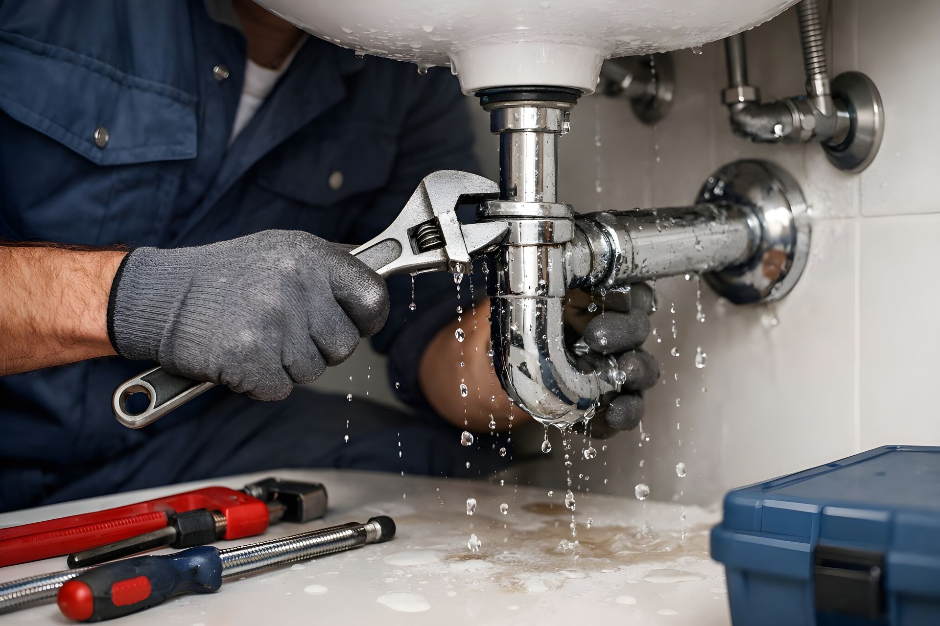 Plumber fixing a leaking sink drain under a white bathroom sink, with water splashing onto tools.