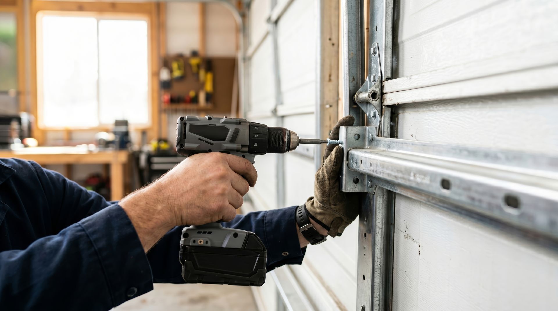 Person using a cordless drill to install a garage door track in a workshop. Person using a cordless drill to install a garage door track in a workshop.