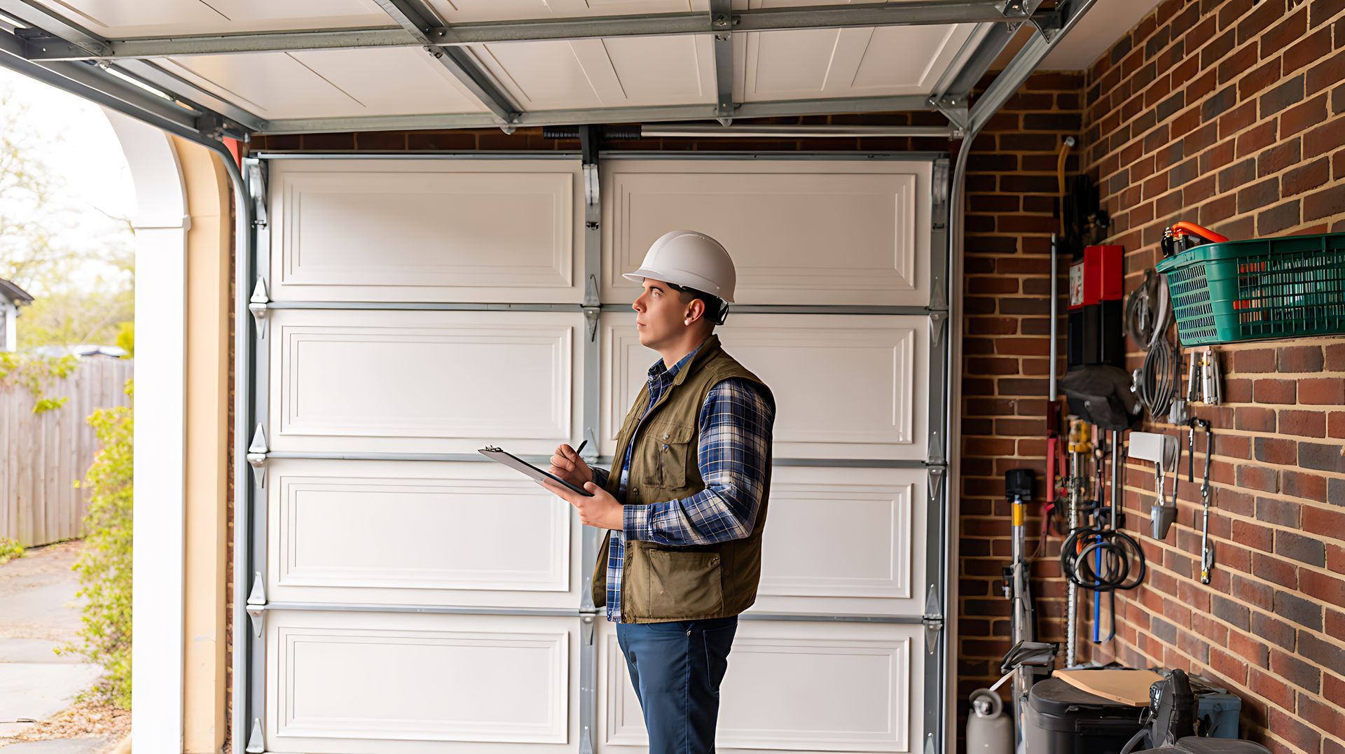Worker in hard hat holding a clipboard inside an open garage next to a brick wall and tools. Worker in hard hat holding a clipboard inside an open garage next to a brick wall and tools.