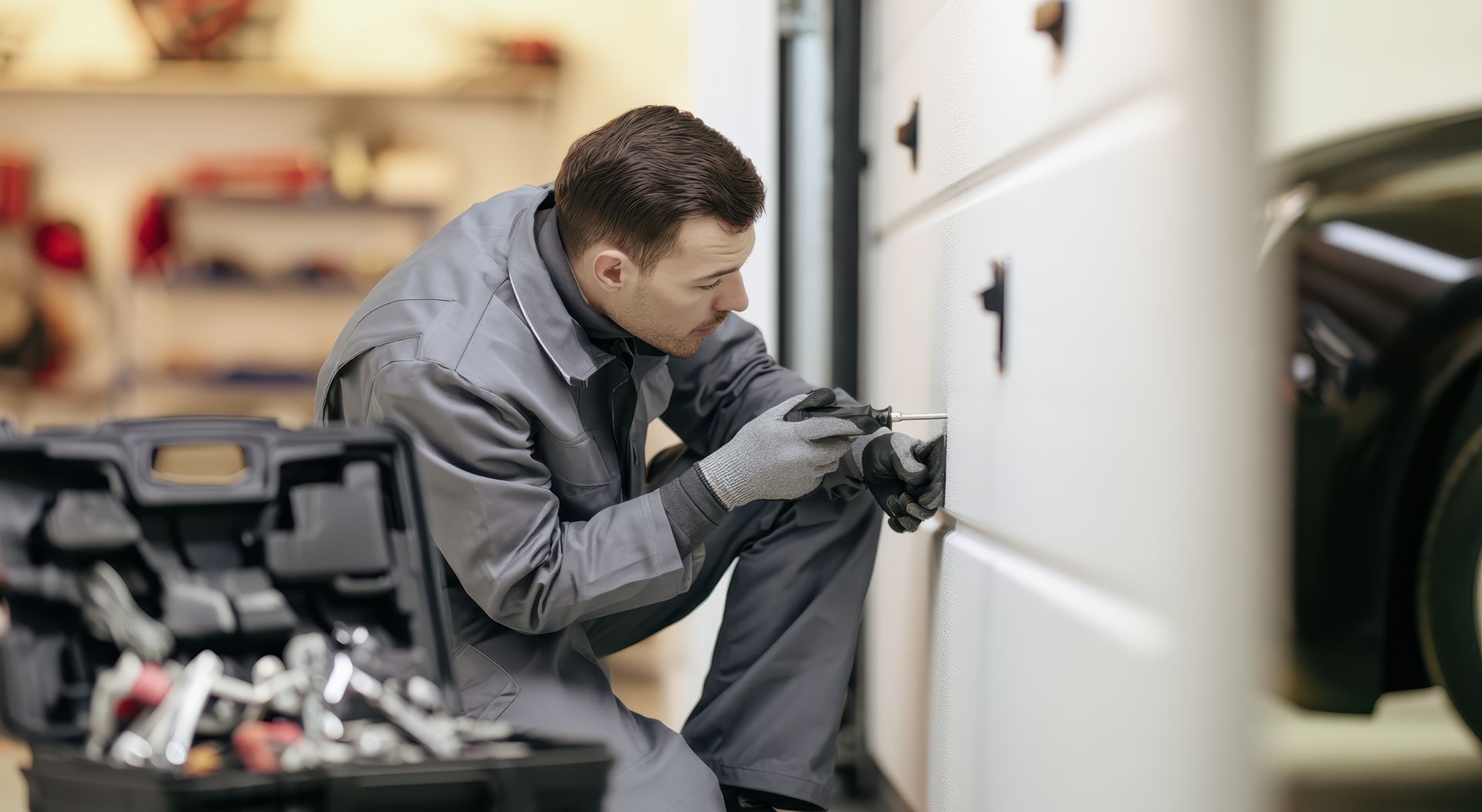 Mechanic crouches by a white car, inspecting the side panel with tools in a garage.