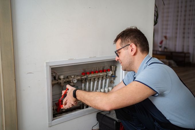 Technician inspecting a wall-mounted heating system with exposed pipes and valves