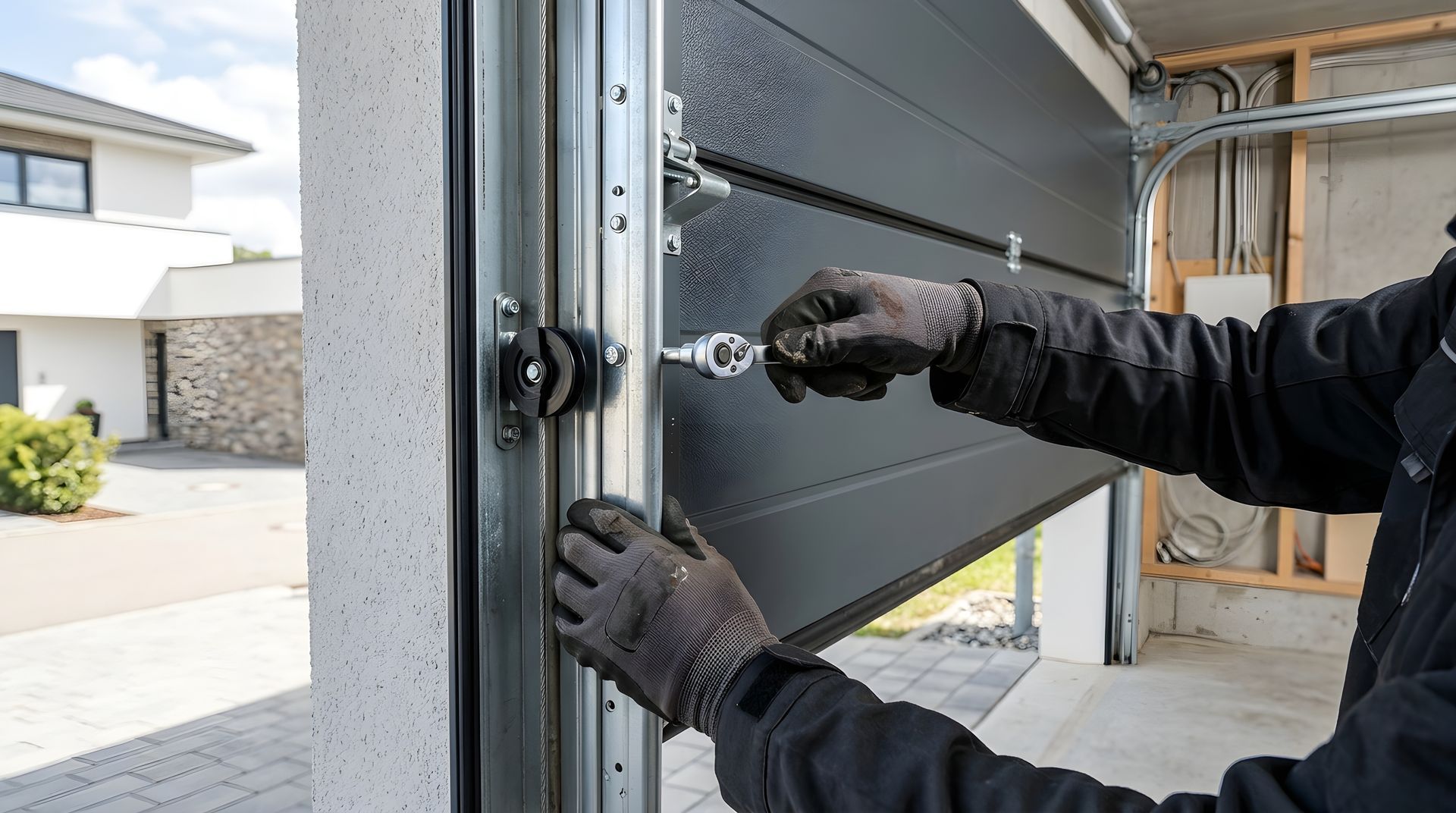 Gloved hands adjusting a black garage door latch on a partially open door. Gloved hands adjusting a black garage door latch on a partially open door.