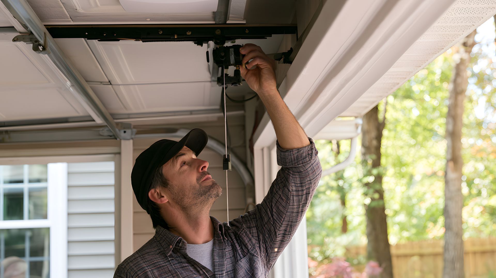 Technician repairing a garage door opener with a power tool inside an open garage Technician repairing a garage door opener with a power tool inside an open garage