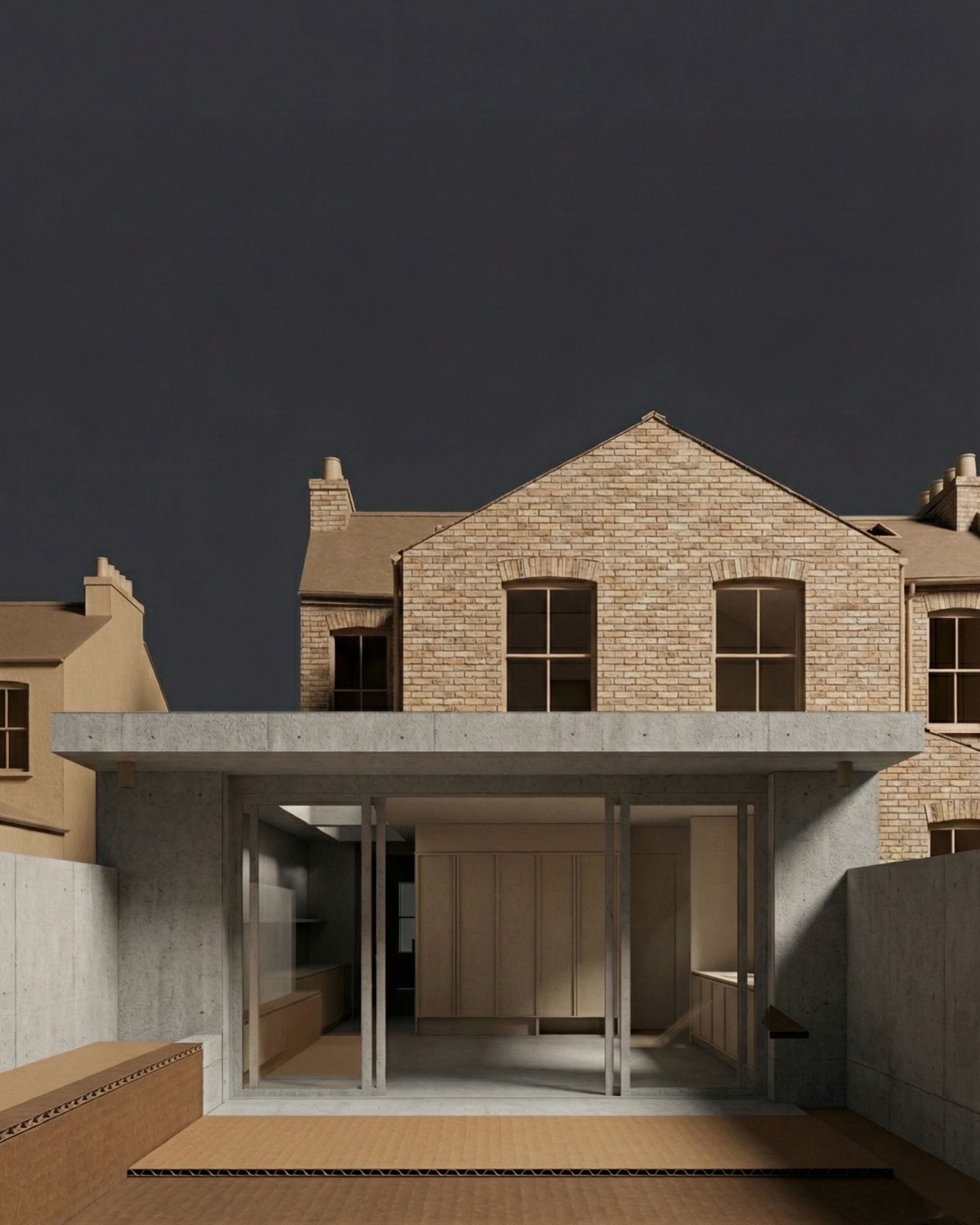Modern house extension with concrete and glass, set against brick building under a dark sky.