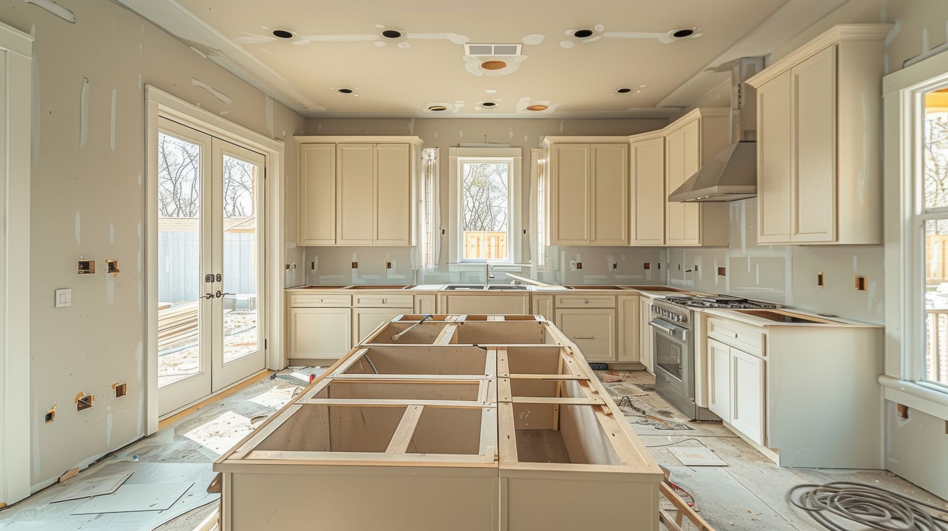 Unfinished kitchen interior with cabinets, island, and appliances; white and neutral tones.