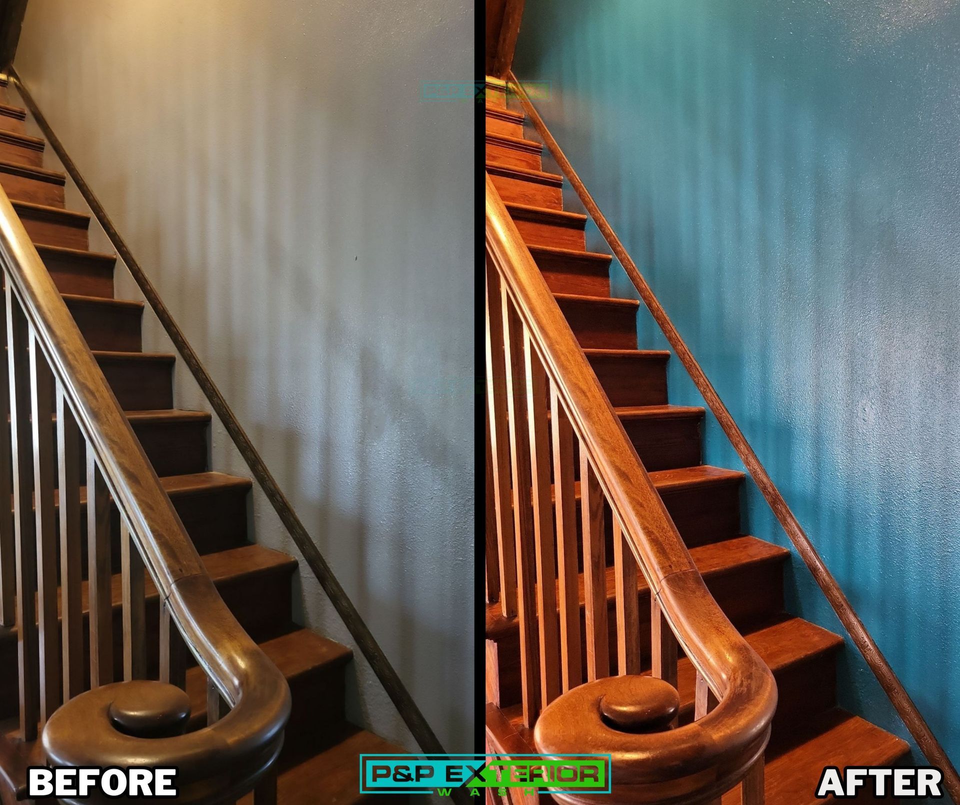 Before-and-after of a wooden staircase with rails, showing a blue-tinted refinished wall and steps on the right.
